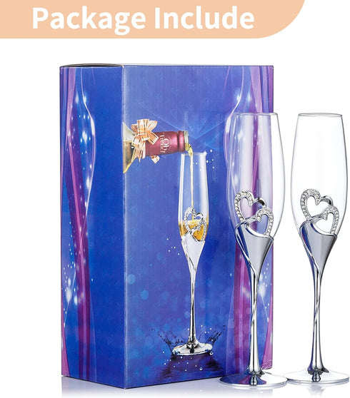 Silver Creative Heart Set with Diamonds Champagne Flutes - Wedding Glasses for Bride & Groom